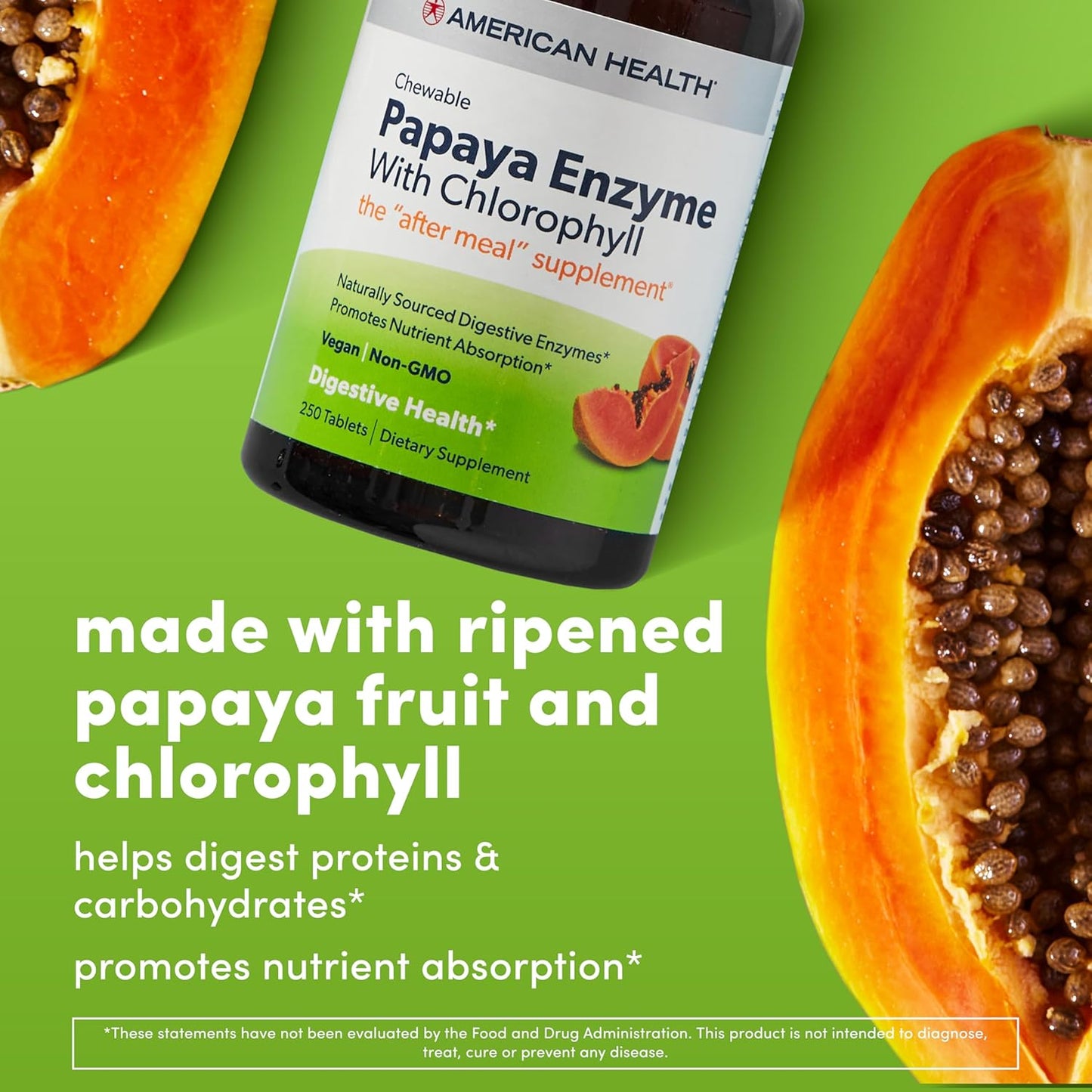 Chewable Papaya Enzyme with Chlorophyll Tablets - Supports Digestion, Nutrient Absorption, and Fresh Breath - 250 Count, Gluten-Free, Vegetarian - American Health