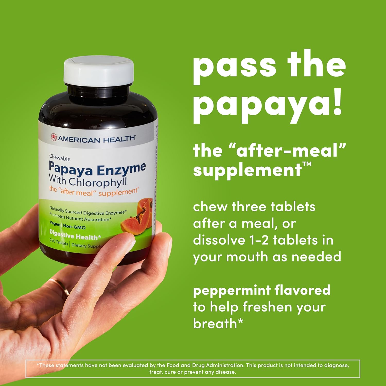 Chewable Papaya Enzyme with Chlorophyll Tablets - Supports Digestion, Nutrient Absorption, and Fresh Breath - 250 Count, Gluten-Free, Vegetarian - American Health