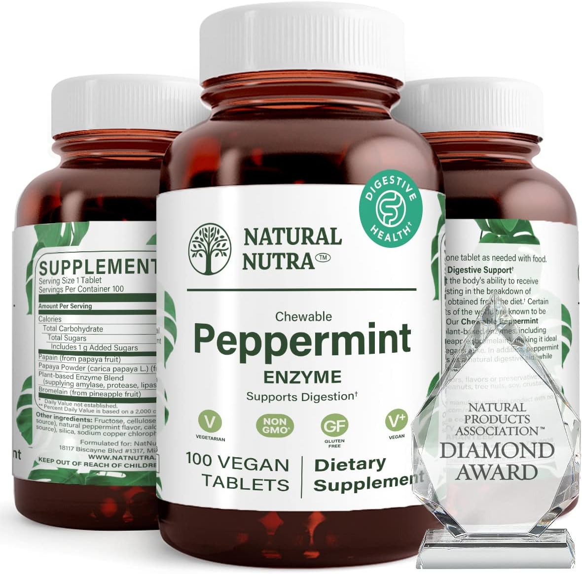 Chewable Peppermint Digestive Enzyme Supplement for Gas Relief, Indigestion, Stomach Calmness - Papaya, Vegan, Vegetarian - 100 Tablets