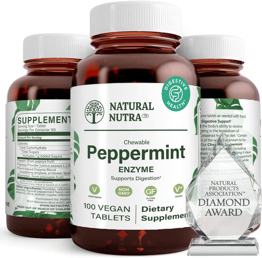 Chewable Peppermint Digestive Enzyme Supplement for Gas Relief, Indigestion, Stomach Calmness - Papaya, Vegan, Vegetarian - 100 Tablets