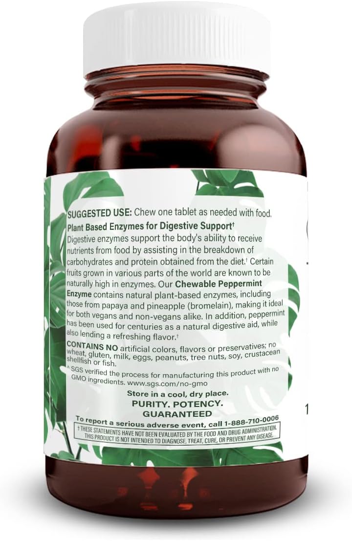 Chewable Peppermint Digestive Enzyme Supplement for Gas Relief, Indigestion, Stomach Calmness - Papaya, Vegan, Vegetarian - 100 Tablets