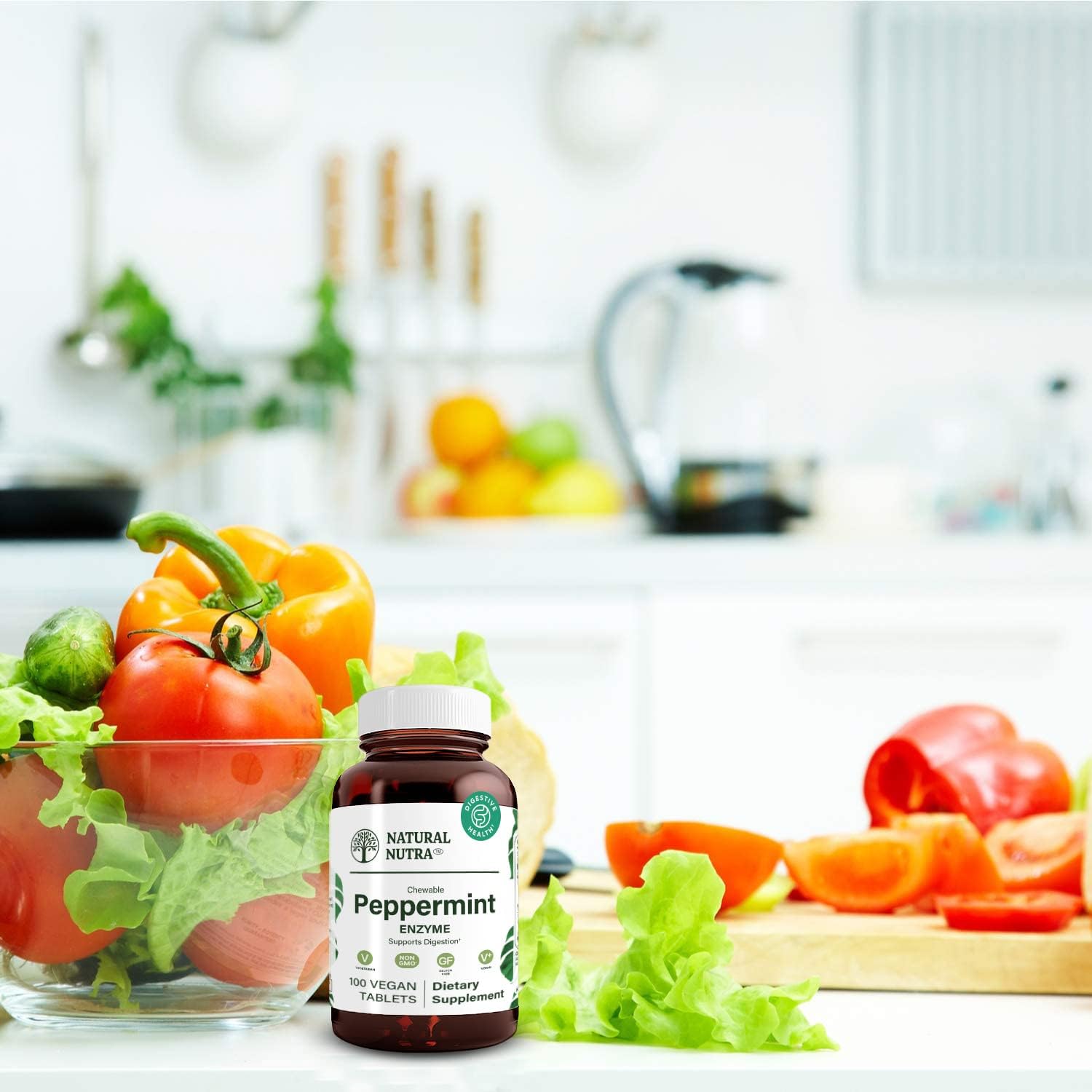 Chewable Peppermint Digestive Enzyme Supplement for Gas Relief, Indigestion, Stomach Calmness - Papaya, Vegan, Vegetarian - 100 Tablets