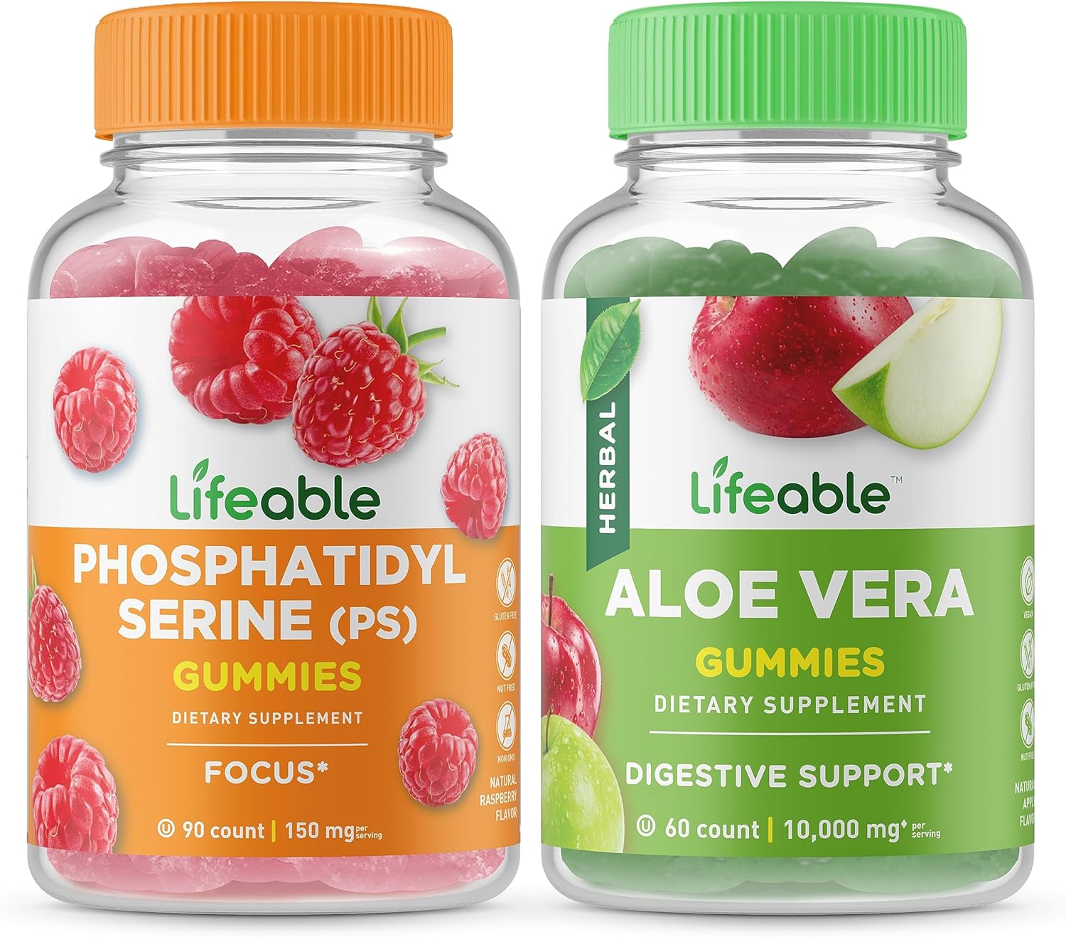Chewable Phosphatidylserine (PS) + Aloe Vera Gummies Bundle - Vitamin Supplement, Gluten & GMO Free, Great Taste