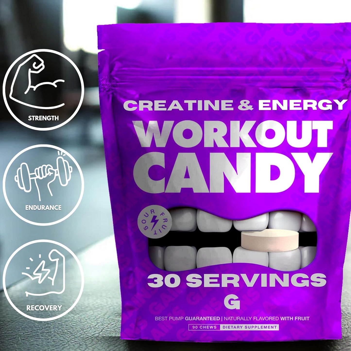 Chewable Pre-Workout Energy Chews with Creatine and Caffeine for Intense Focus and Sustained Energy - 90 Vegetarian Chews by Gains in Bulk