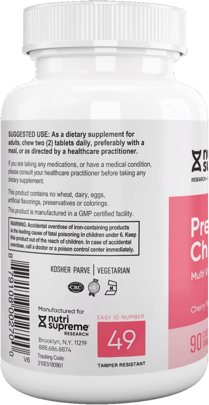 Chewable Prenatal Vitamins for Women with 800 MCG of Folate, Iron & Kosher Cherry Flavor - 90 Count