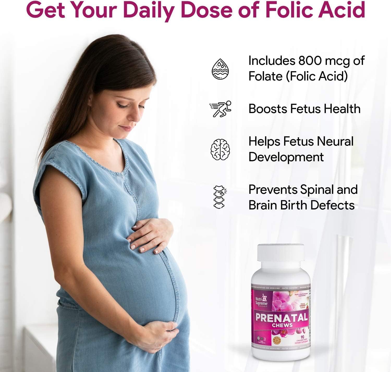 Chewable Prenatal Vitamins for Women with 800 MCG of Folate, Iron & Kosher Cherry Flavor - 90 Count