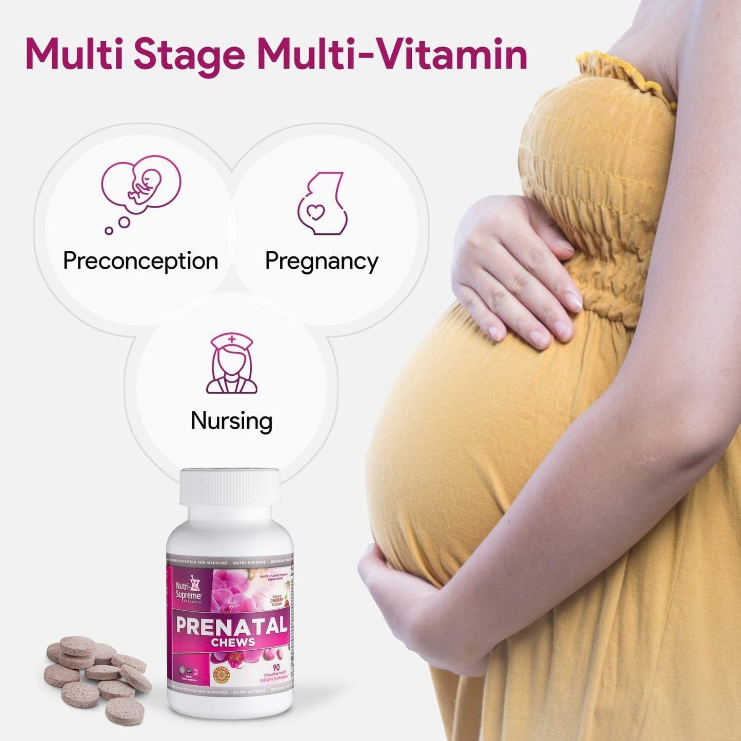Chewable Prenatal Vitamins for Women with 800 MCG of Folate, Iron & Kosher Cherry Flavor - 90 Count
