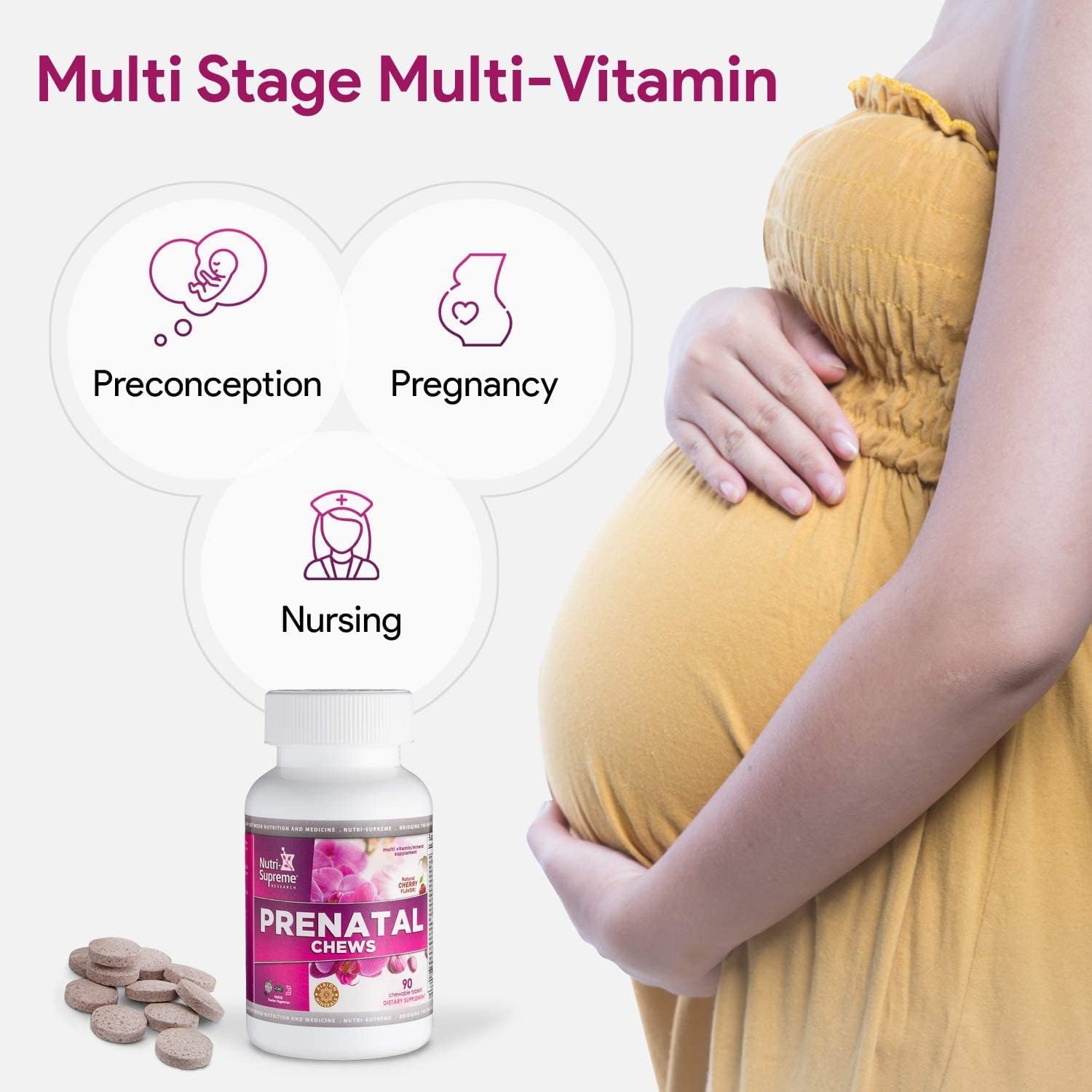 Chewable Prenatal Vitamins for Women with 800 MCG of Folate, Iron & Kosher Cherry Flavor - 90 Count