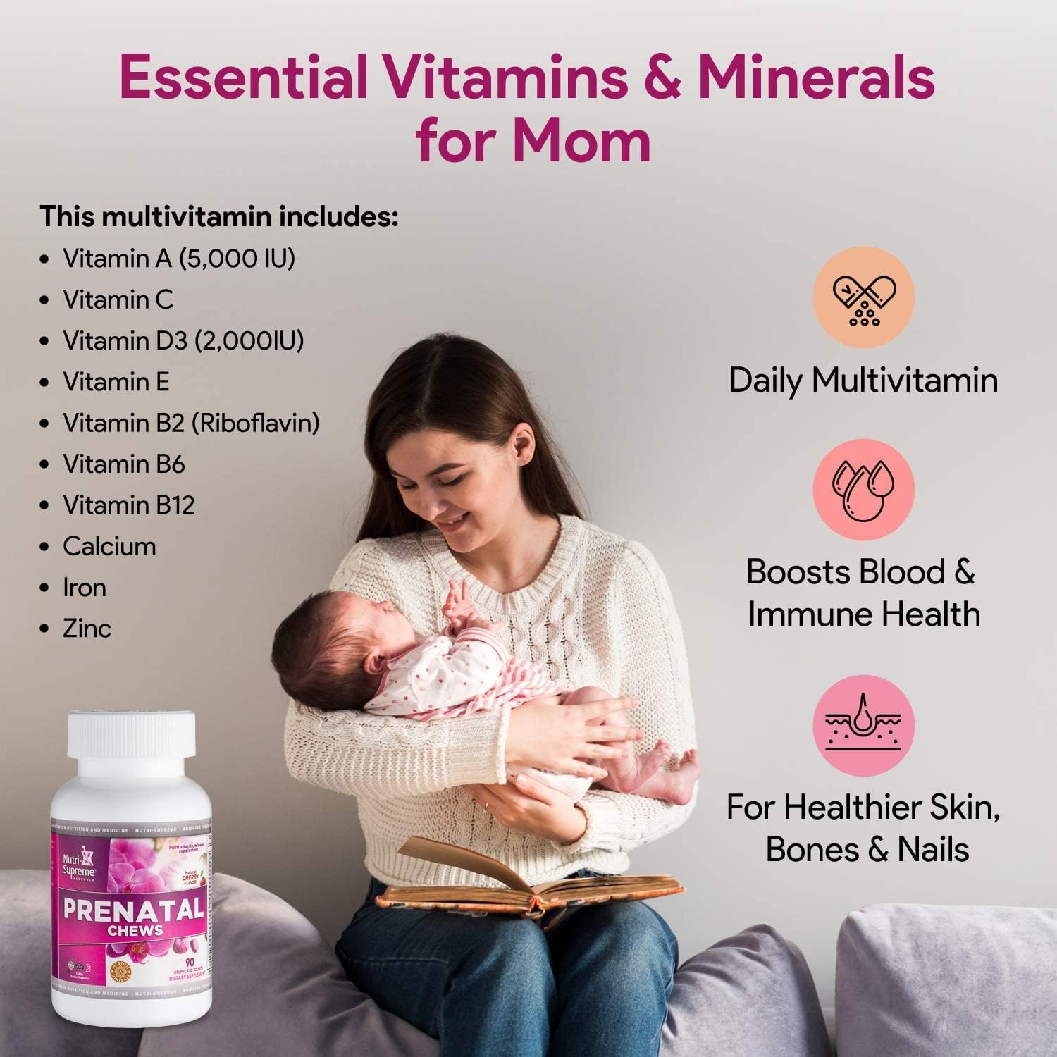 Chewable Prenatal Vitamins for Women with 800 MCG of Folate, Iron & Kosher Cherry Flavor - 90 Count