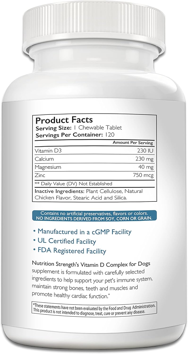 Chewable Vitamin D Supplement for Dogs with Calcium, Magnesium & Zinc for Strong Teeth, Bones & Muscles - 120 Tablets