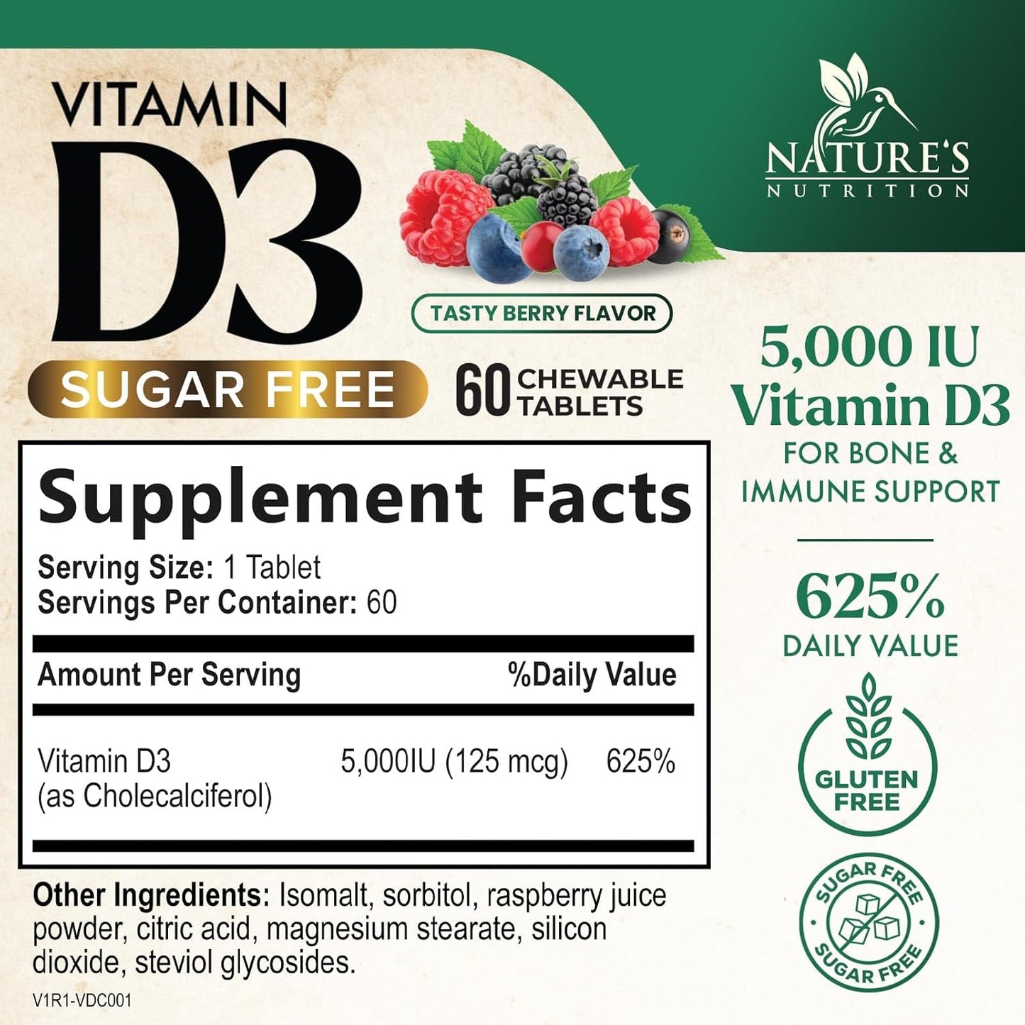 Chewable Vitamin D3 5000 IU for Bone, Teeth, Muscle & Immune Support - Sugar Free, Non-GMO, Gluten Free - 60 Tablets