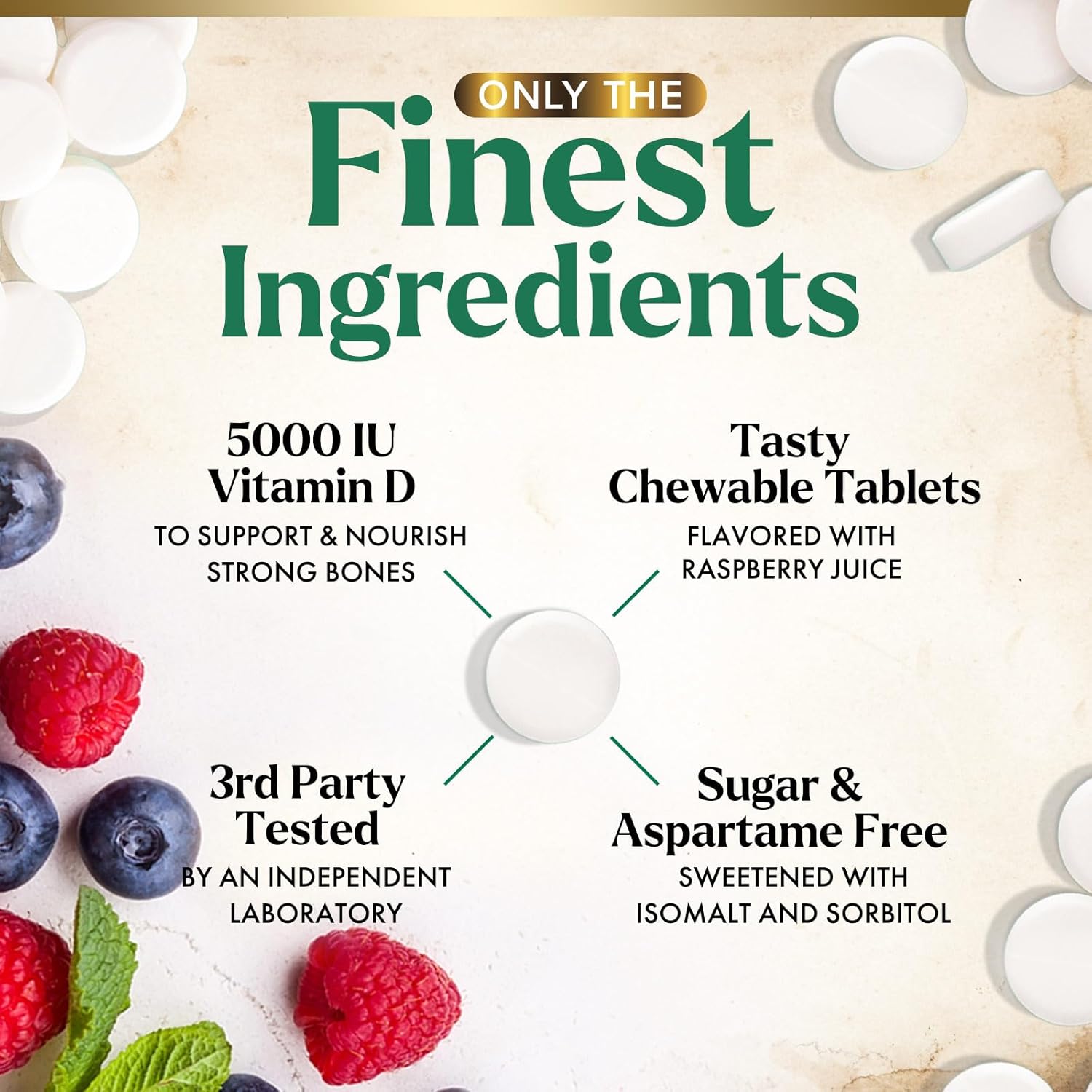 Chewable Vitamin D3 5000 IU for Bone, Teeth, Muscle & Immune Support - Sugar Free, Non-GMO, Gluten Free - 60 Tablets