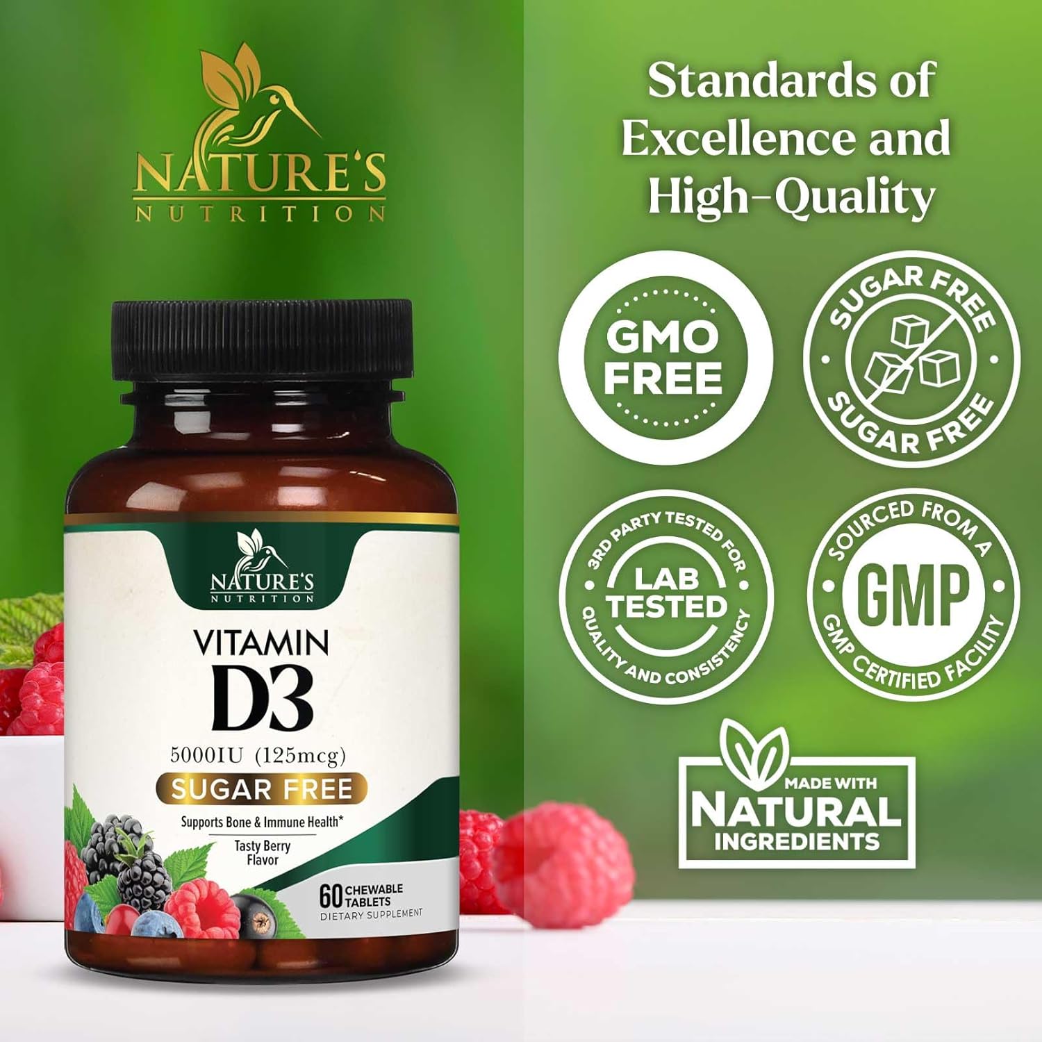Chewable Vitamin D3 5000 IU for Bone, Teeth, Muscle & Immune Support - Sugar Free, Non-GMO, Gluten Free - 60 Tablets