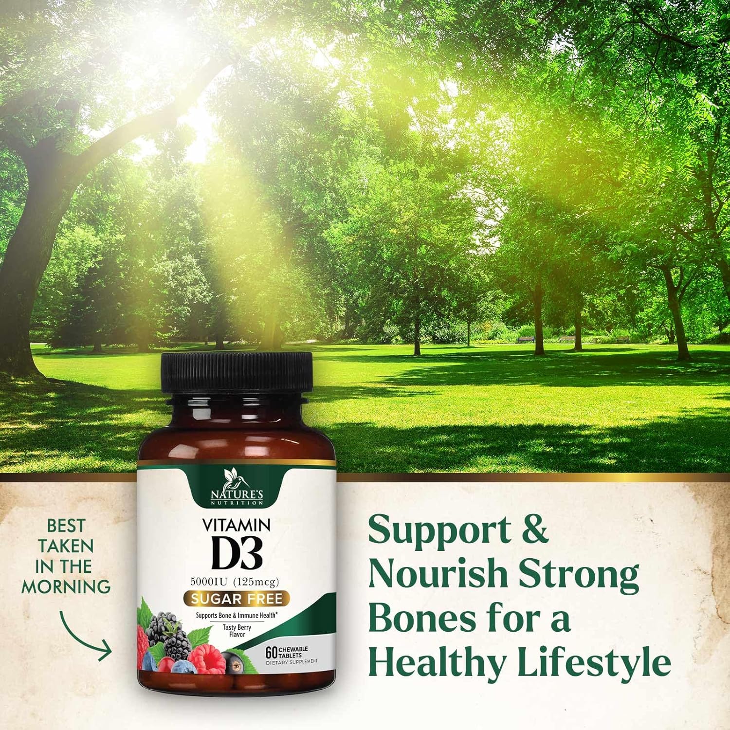Chewable Vitamin D3 5000 IU for Bone, Teeth, Muscle & Immune Support - Sugar Free, Non-GMO, Gluten Free - 60 Tablets