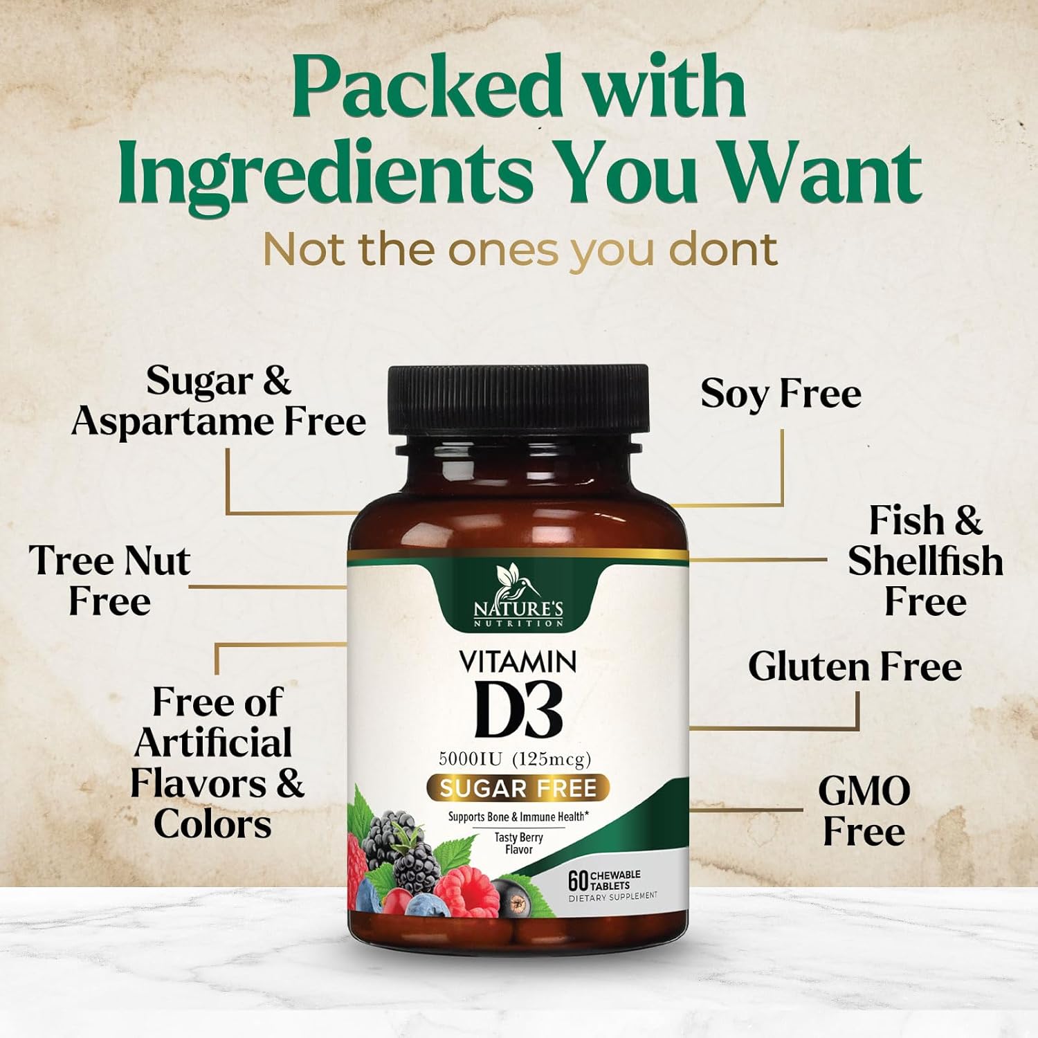 Chewable Vitamin D3 5000 IU for Bone, Teeth, Muscle & Immune Support - Sugar Free, Non-GMO, Gluten Free - 60 Tablets
