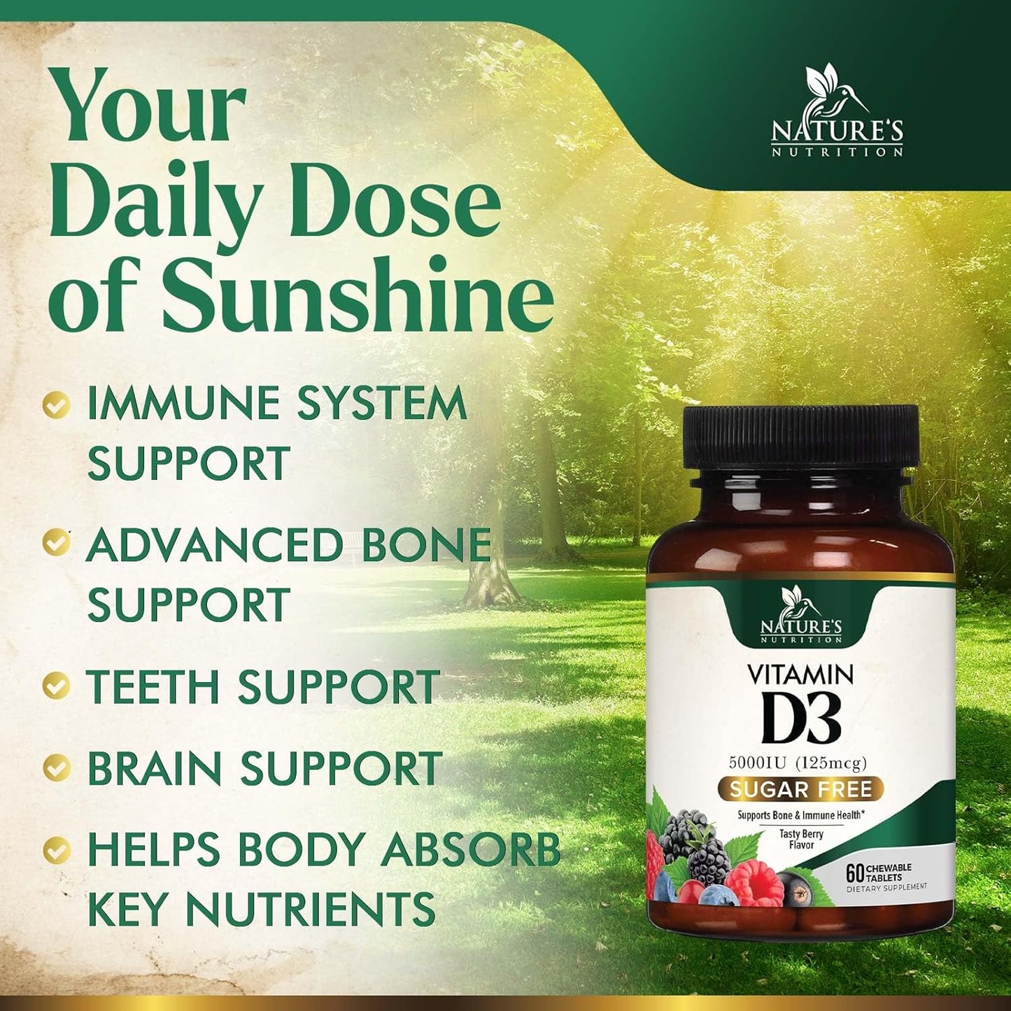Chewable Vitamin D3 5000 IU for Bone, Teeth, Muscle & Immune Support - Sugar Free, Non-GMO, Gluten Free - 60 Tablets