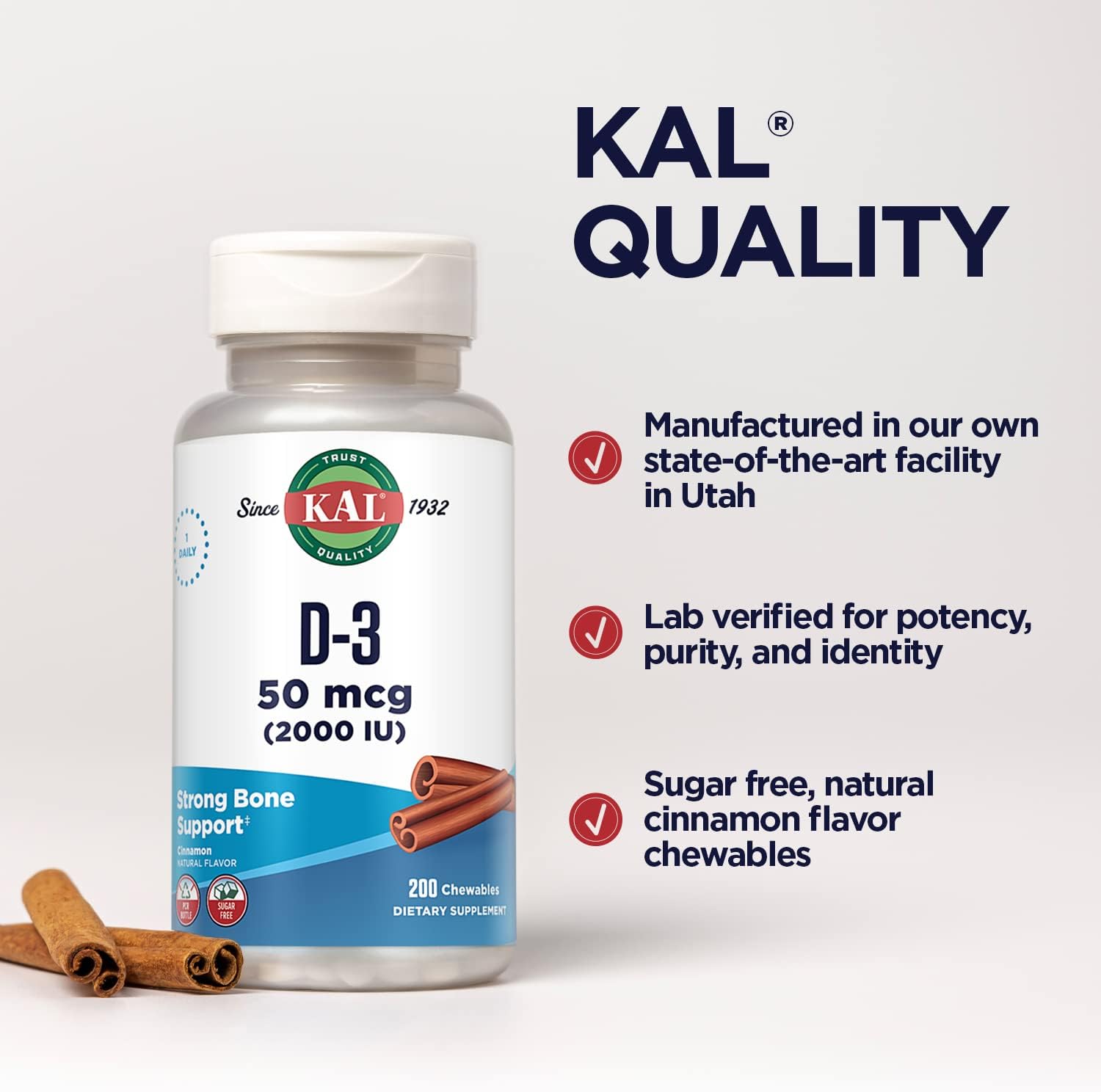 Chewable Vitamin D3 Supplement with 2000 IU - Natural Cinnamon Flavor for Immune Support & Bone Health - 200 Servings