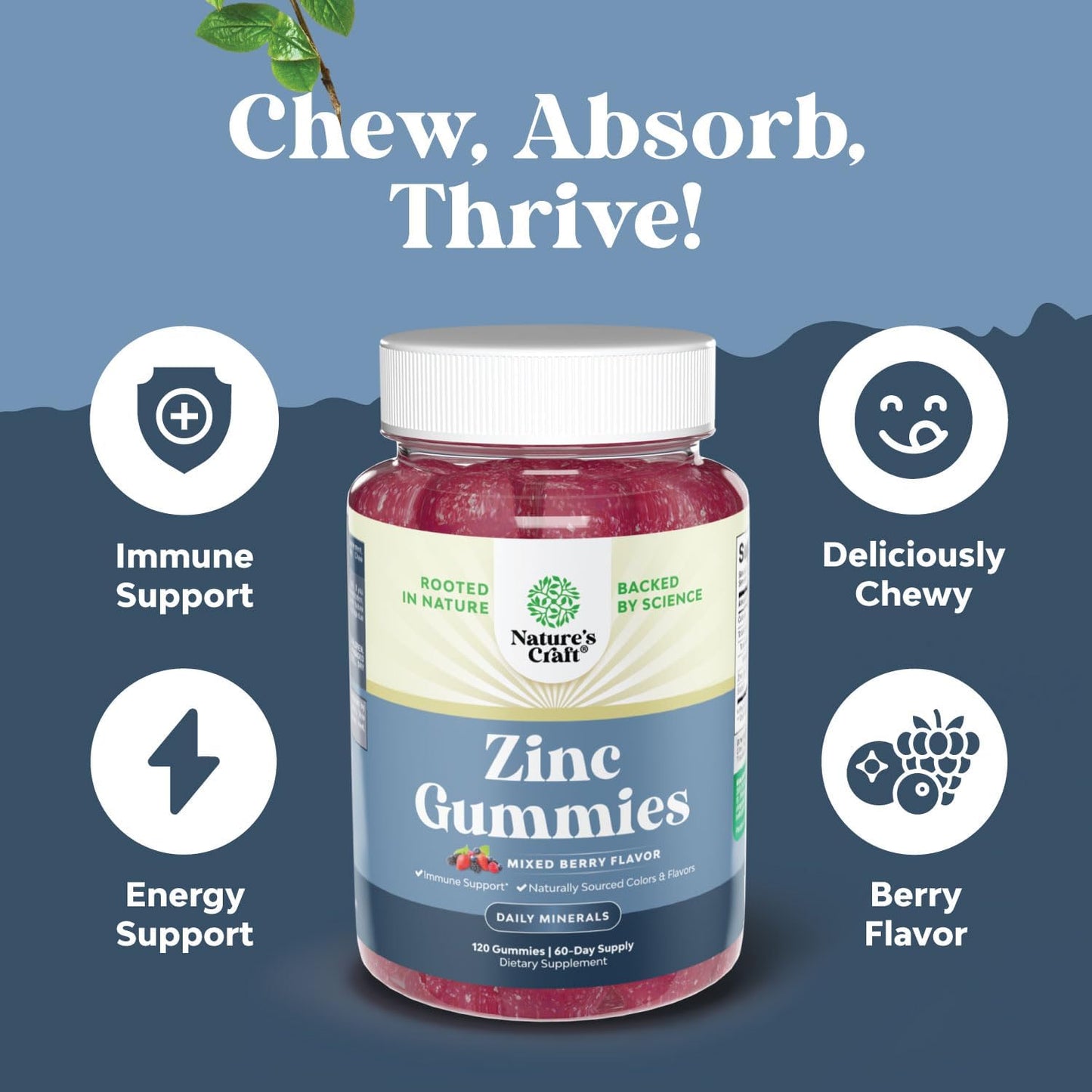 Chewable Zinc Gummies for Adults - Extra Strength Energy & Immune Support - Vitamins & Minerals - 120 Chews