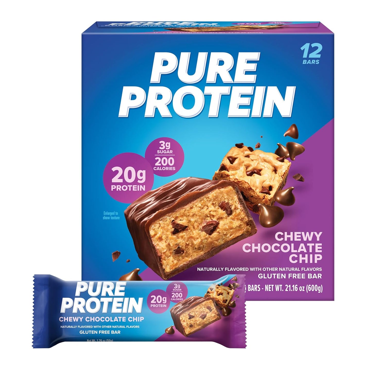 Chewy Chocolate Chip Pure Protein Bars - Pack of 12, High Protein, Low Sugar, Gluten Free Snacks for Energy Boost