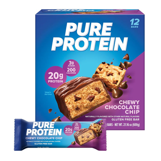 Chewy Chocolate Chip Pure Protein Bars - Pack of 12, High Protein, Low Sugar, Gluten Free Snacks for Energy Boost
