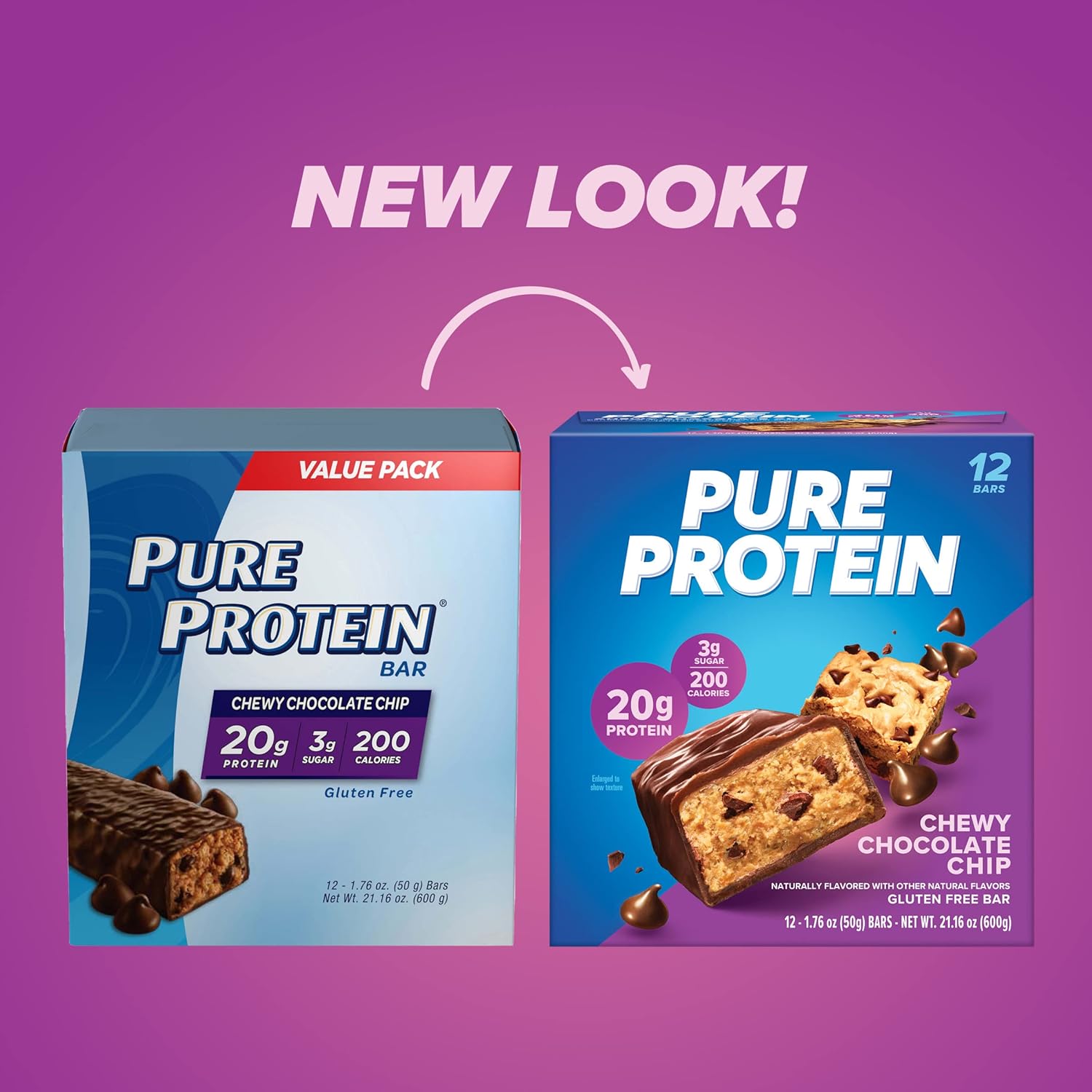 Chewy Chocolate Chip Pure Protein Bars - Pack of 12, High Protein, Low Sugar, Gluten Free Snacks for Energy Boost