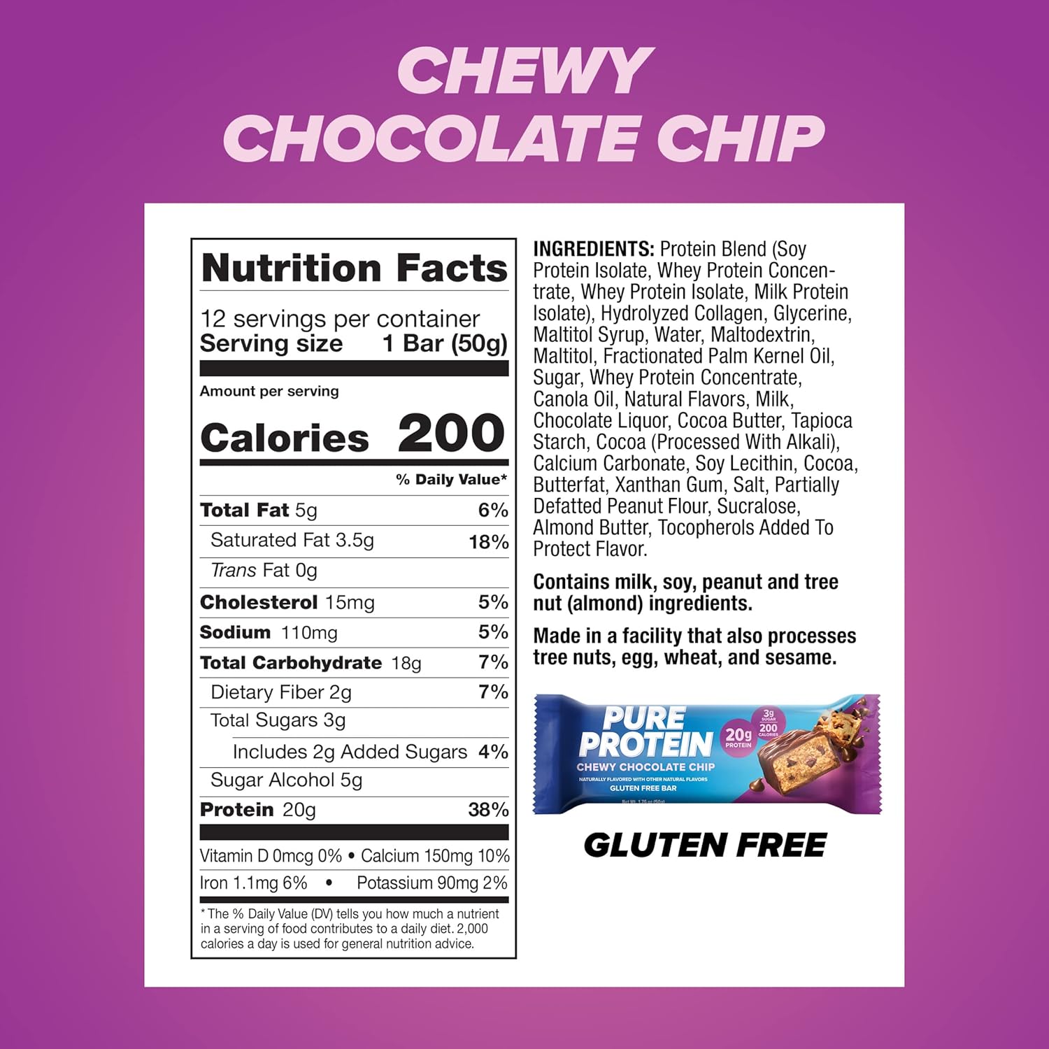 Chewy Chocolate Chip Pure Protein Bars - Pack of 12, High Protein, Low Sugar, Gluten Free Snacks for Energy Boost