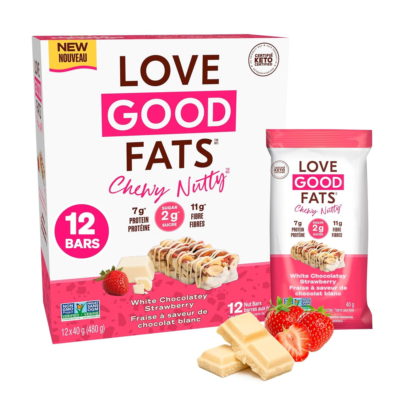 Chewy Nutty White Chocolate Strawberry Keto Bars - Low Carb Protein Snacks - 12 Pack (1.59oz)
