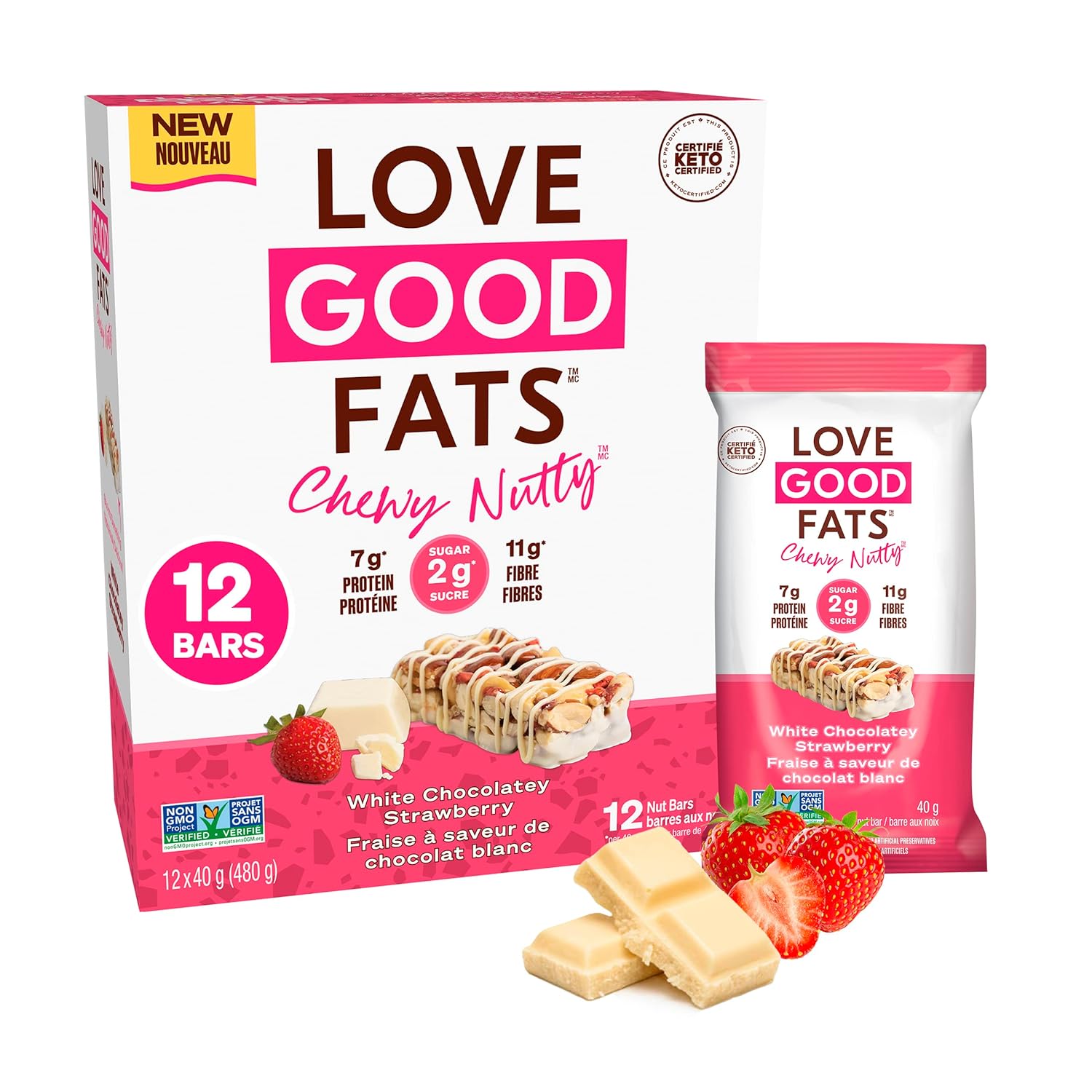 Chewy Nutty White Chocolate Strawberry Keto Bars - Low Carb Protein Snacks - 12 Pack (1.59oz)