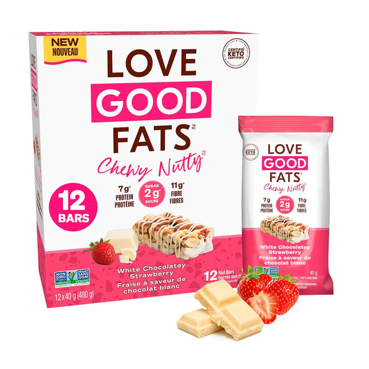 Chewy Nutty White Chocolate Strawberry Keto Bars - Low Carb Protein Snacks - 12 Pack (1.59oz)