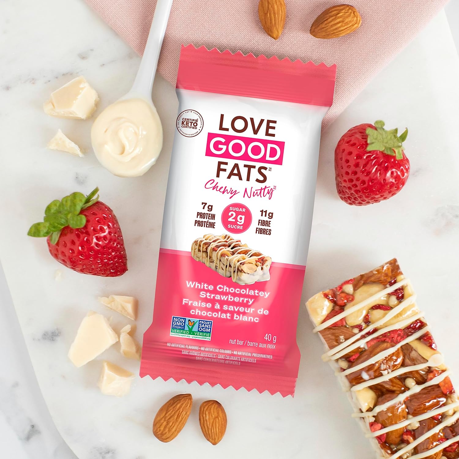 Chewy Nutty White Chocolate Strawberry Keto Bars - Low Carb Protein Snacks - 12 Pack (1.59oz)