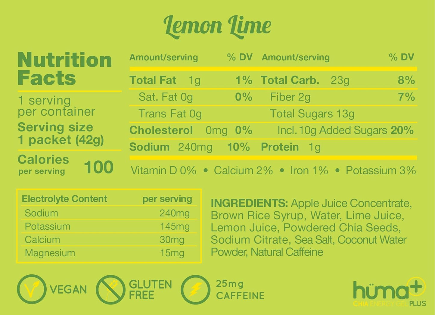 Chia Energy Gel - Lemon Lime Flavor, 24 Pack of Huma Plus with Double Electrolytes and 1x Caffeine - Stomach-Friendly Real Food Energy Gels