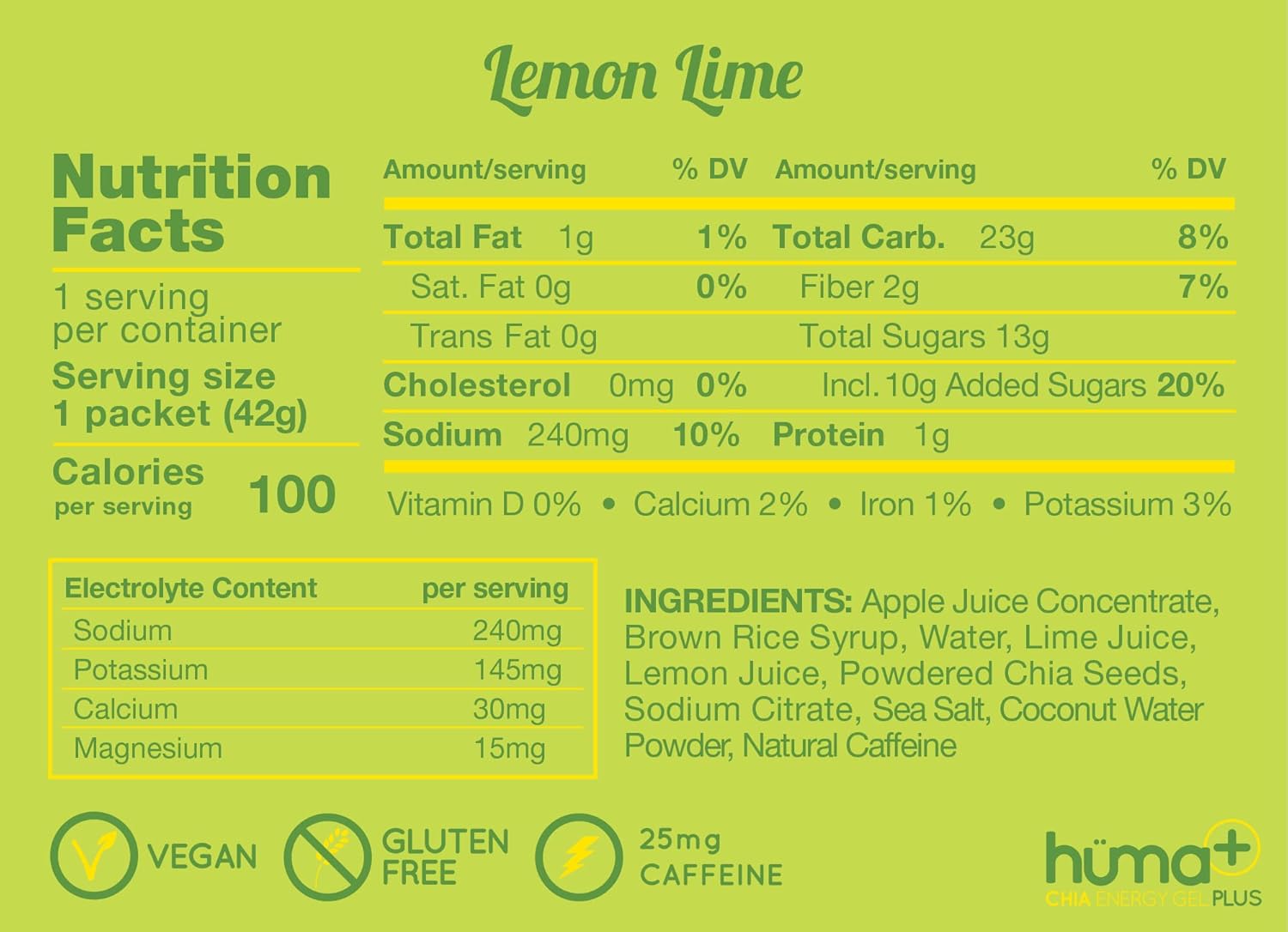 Chia Energy Gel - Lemon Lime Flavor, 24 Pack of Huma Plus with Double Electrolytes and 1x Caffeine - Stomach-Friendly Real Food Energy Gels