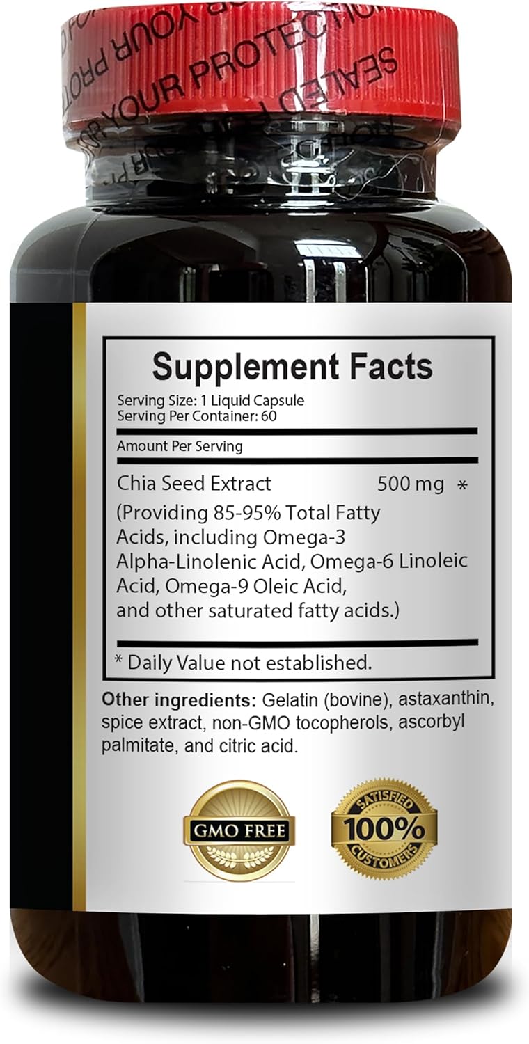 Chia Seed Extract Softgels - Energy Booster with Omega 3 & Fiber - Antioxidant Vitamins - Superfood Salvia Hispanica - 60 Capsules