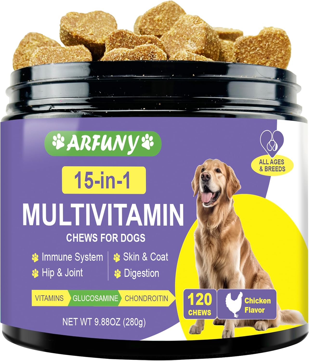 Chicken Flavored 15-in-1 Dog Multivitamin Supplement with Glucosamine, Chondroitin, Essential Vitamins for Immune System, Digestion, Hip & Joint, Skin & Coat - 120 Chews