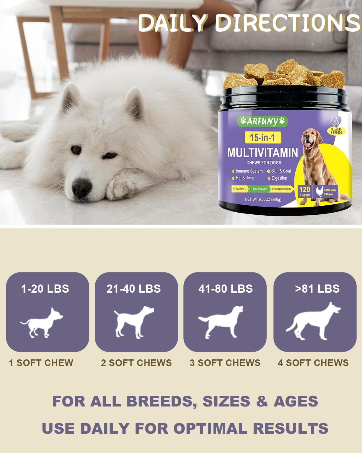 Chicken Flavored 15-in-1 Dog Multivitamin Supplement with Glucosamine, Chondroitin, Essential Vitamins for Immune System, Digestion, Hip & Joint, Skin & Coat - 120 Chews