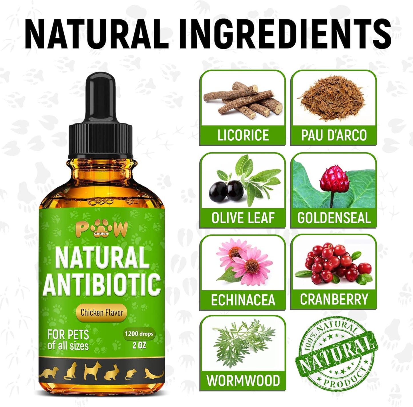 Chicken Flavored Antibiotics for Dogs and Cats | Treat Infections, UTIs, Allergies | Digestive Support | PAU D'Arco + Cranberry | 2 Oz Bottle