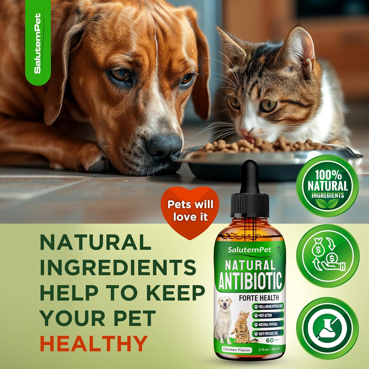 Chicken Flavored Dog Antibiotics Forte Health Supplement for Easy Breathing, Digestion, Urination, Skin & Coat - 2 Oz