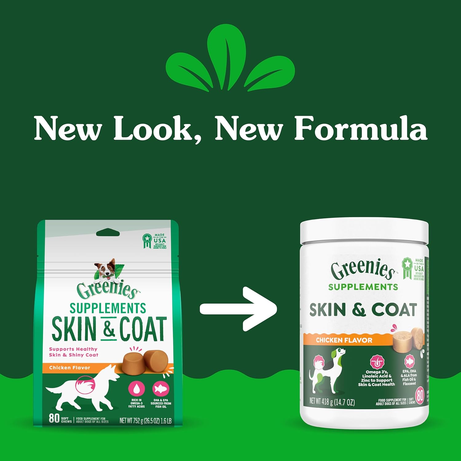 Chicken-Flavored Greenies Skin and Coat Supplements for Dogs with Fish Oil, Omega 3, 80 Soft Chews, 14.7 oz.