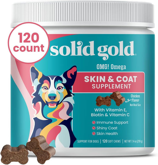 Chicken Flavored Omega Fish Oil Dog Supplement for Skin & Coat Health - Immune Support & Itch Relief Chews with Vitamin C, E, & Biotin - 120 ct