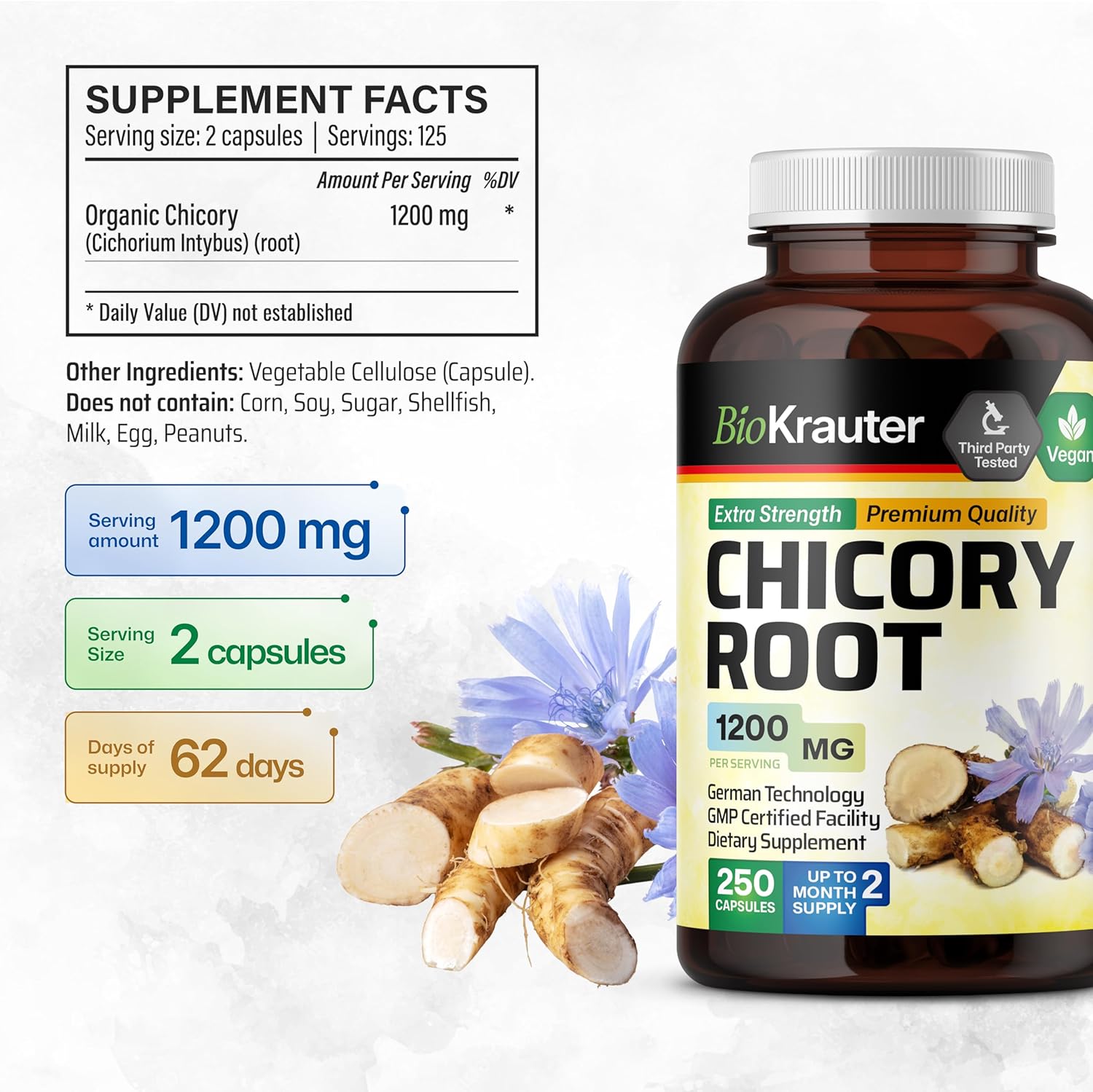 Chicory Root and Inulin Supplement - 250 Capsules of BIO KRAUTER