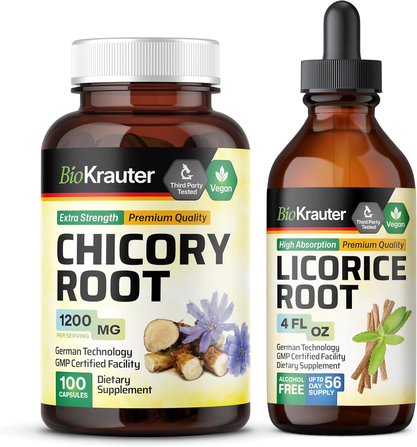 Chicory Root Capsules & Licorice Root Tincture Bundle - 100 Capsules & 4 Fl. Oz. - Organic Herbal Supplement
