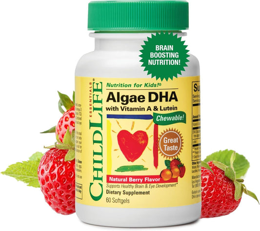 ChildLife Essentials Algae DHA - Omega 3 Supplement for Kids - Fish Oil Alternative - Algae Oil for Toddlers & Children - Berry Flavor, 60 Softgels