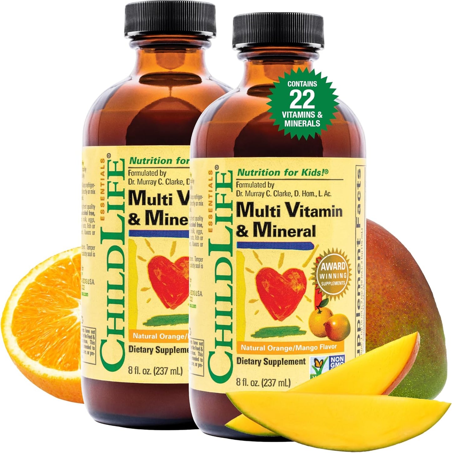 ChildLife Essentials Liquid Multivitamin for Kids - Kids Vitamins with Minerals - Toddler Multivitamins - Natural Orange & Mango Flavor - 8 Fl Oz (Pack of 2)