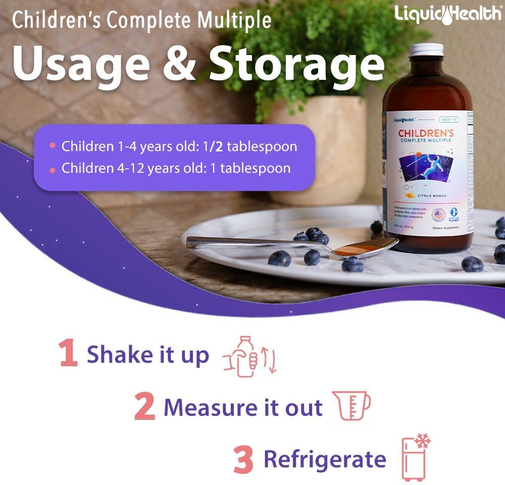Children's Complete Liquid Multivitamin - Essential Vitamins, Nutrients, Immune & Gut Support - Great Taste, Vegan, Non GMO - 16 oz