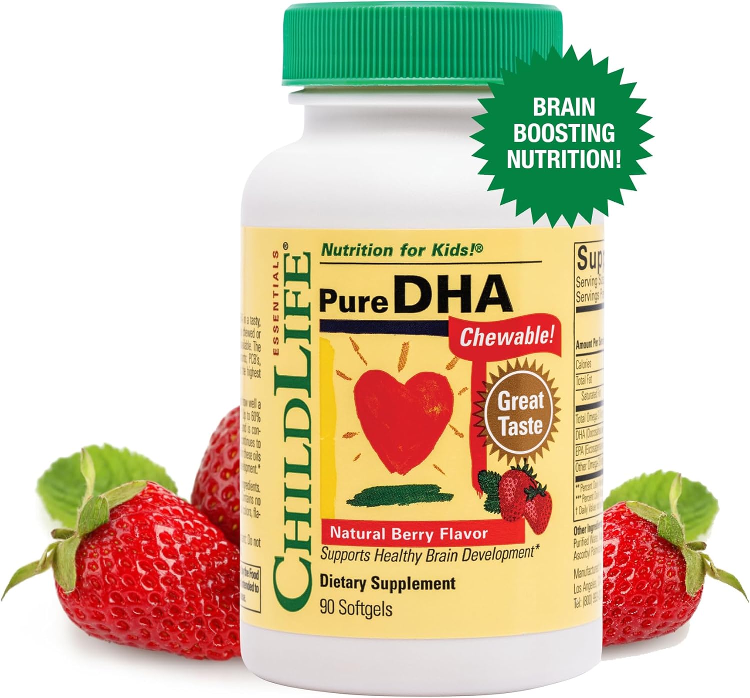 Children's DHA Omega 3 Supplement - Pure DHA Chewables for Kids, Baby & Toddlers - Gluten-Free Fish Oil Softgels - Natural Berry Flavor - 90 Count