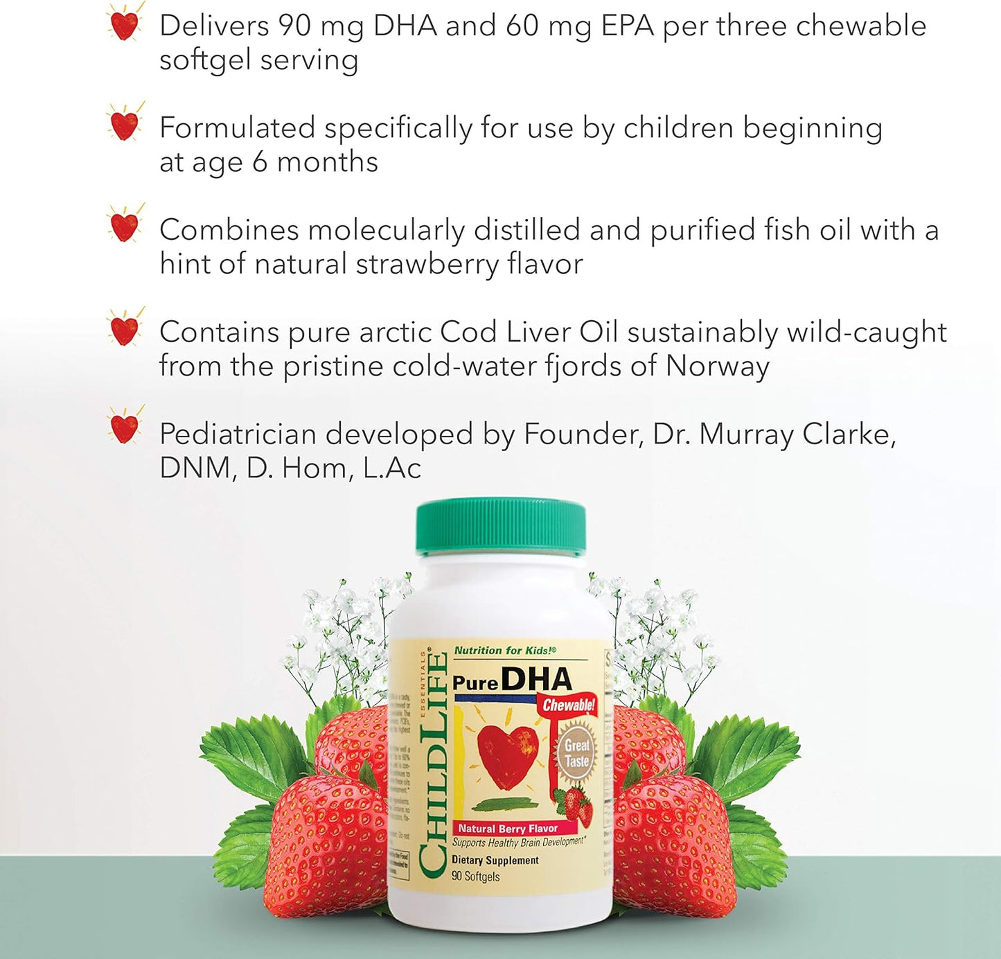 Children's DHA Omega 3 Supplement - Pure DHA Chewables for Kids, Baby & Toddlers - Gluten-Free Fish Oil Softgels - Natural Berry Flavor - 90 Count