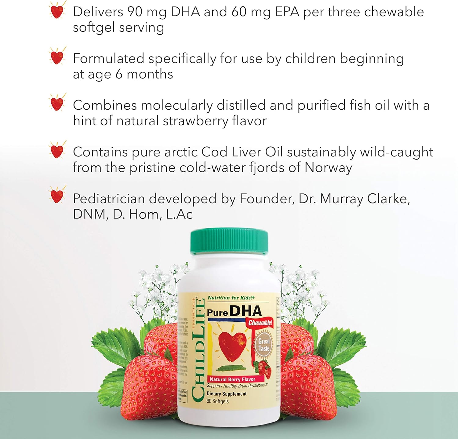 Children's DHA Omega 3 Supplement - Pure DHA Chewables for Kids, Baby & Toddlers - Gluten-Free Fish Oil Softgels - Natural Berry Flavor - 90 Count