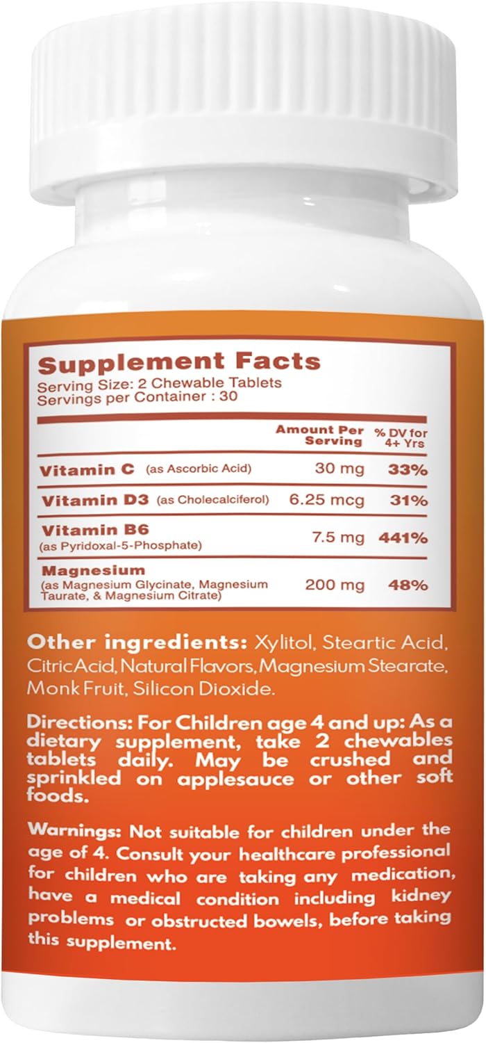 Children's High-Absorption Magnesium for Calm & Focus | Magnesium Glycinate, Citrate & Taurate | Vitamin B6, D & C | Non-GMO Chewable Tablets