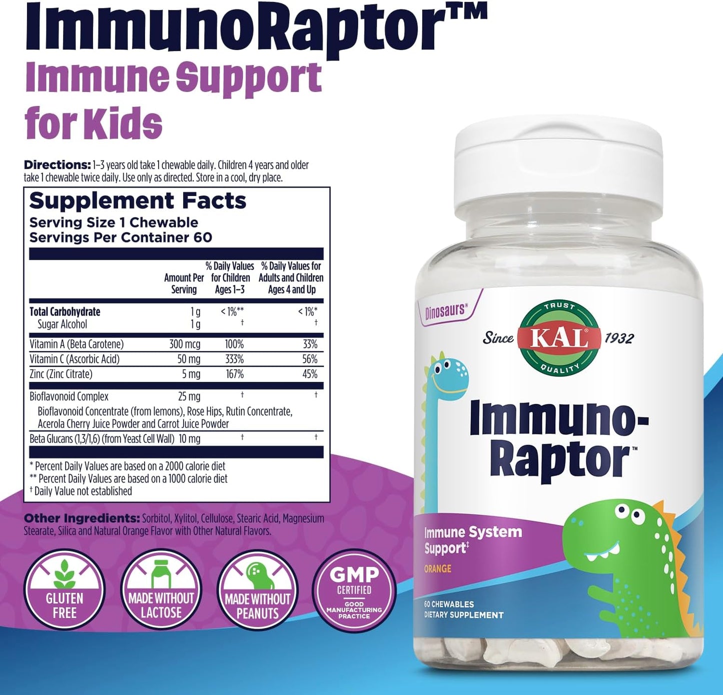 Children's Immune Support Chewables with Vitamin C, Zinc, Dinosaur Shapes, Orange Flavor, Xylitol Sweetened - 60 Servings