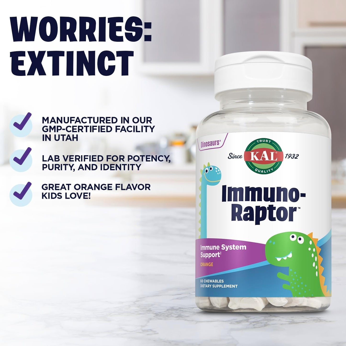 Children's Immune Support Chewables with Vitamin C, Zinc, Dinosaur Shapes, Orange Flavor, Xylitol Sweetened - 60 Servings